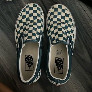 Teal checkerboard vans, size 7.5 women’s & 6.0 in men’s!